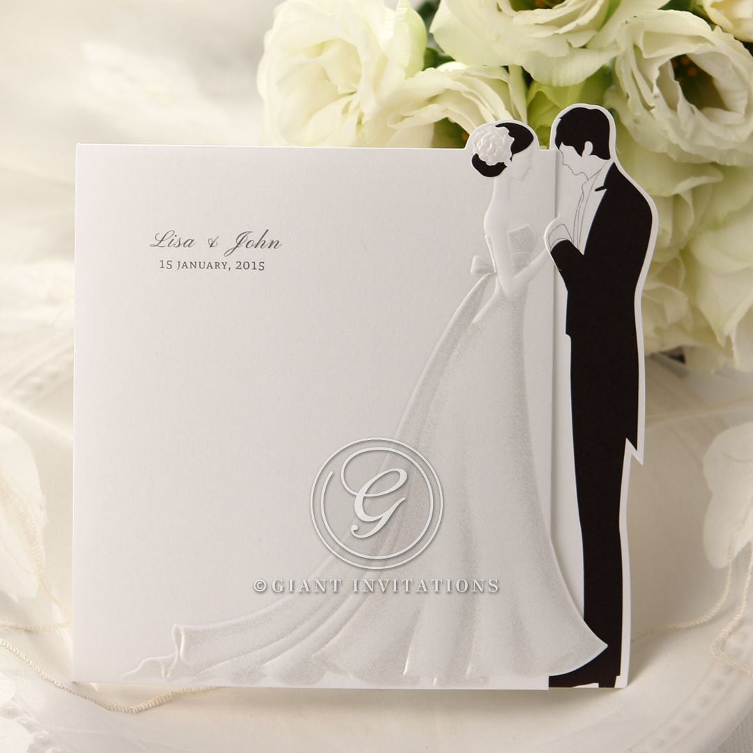 Black and white trifold wedding invitation; bride and groom embossed design